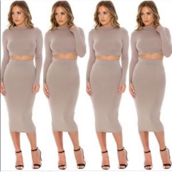 long sleeve crop top and midi skirt set